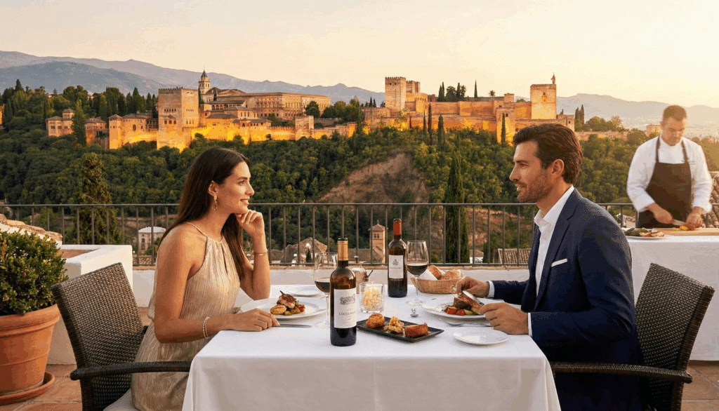 Couple enjoying an exclusive private dinner with Alhambra views, avoiding crowds during the Spain tourism record.